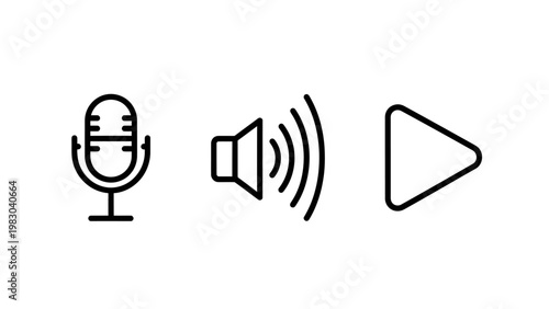 Simplified line icons for audio and multimedia controls including a professional condenser microphone a speaker with sound waves and a standard triangular play button for playback, microphone