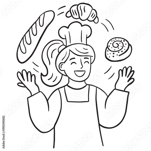 Female baker juggling bread baguette and croissant vector outline illustration