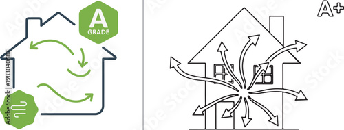 Energy efficiency house comparison vector illustration showing air circulation and heat loss for residential building insulation