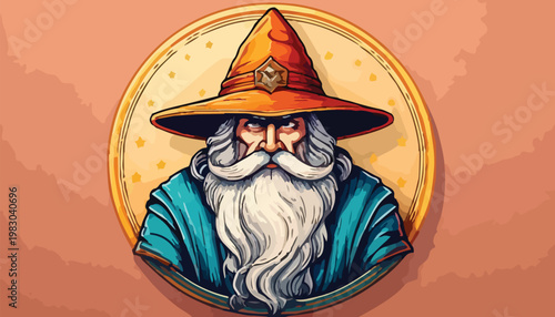 Illustration of a wise wizard with a long white beard.