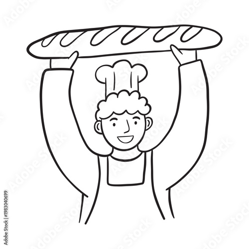 Male chef baker holding large fresh baguette bread over head vector outline