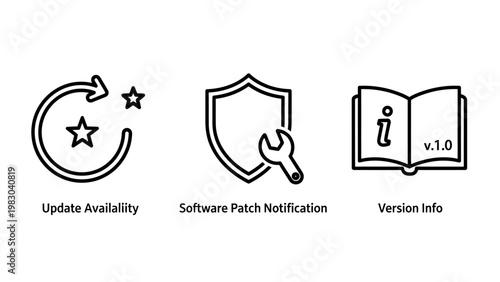 Comprehensive software maintenance icon set with update availability symbol security patch notification shield software version information manual software availability notification security