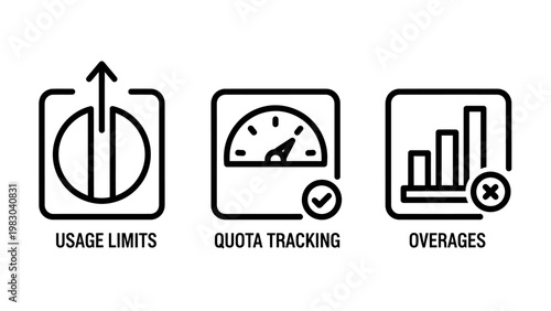 Resource monitoring icon set featuring usage limits indicator quota tracking speedometer gauge statistical chart for overage alerts in billing tracking overages management subscription