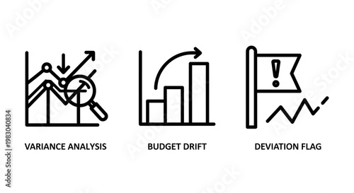 Variance analysis budget drift and deviation flag financial monitoring icons for business performance and audit tracking with variance analysis deviation business performance accounting tracking
