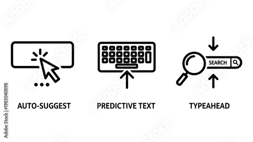 User interface icons for intelligent search features including auto-suggest predictive text and typeahead functionality with technology interface predictive typeahead software computer keyboard