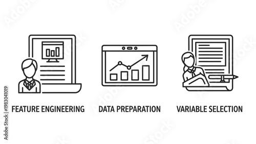 Data science process icons with text labels illustrating critical stages of feature engineering detailed data preparation strategic variable selection for machine learning models learning