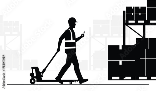 A worker operates a pallet jack while looking at a mobile phone in a warehouse environment presented as a silhouette high quality professional detailed