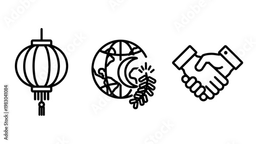 Global culture and international relations icon set featuring traditional lantern peace symbols and handshake for diplomacy and partnership handshake international diplomacy partnership agreement