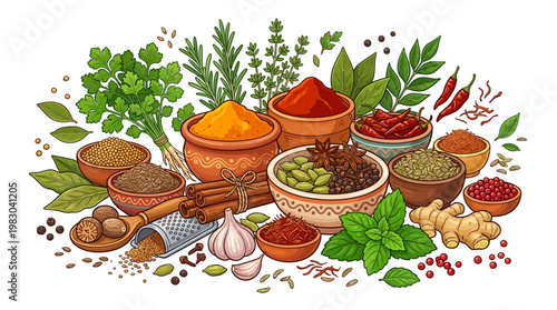 Variety of spices and herbs displayed.
