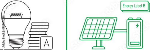 Energy efficiency and renewable solar power vector line art illustration with LED bulb battery and energy labels