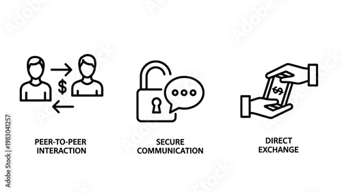 Peer to peer interaction and secure financial exchange concept icons with interaction exchange communication transaction connection business transfer financial protection collaboration