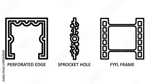 Film strip and motion picture frame components icon set with sprocket perforated production photography industry technology recording illustration collection equipment entertainment