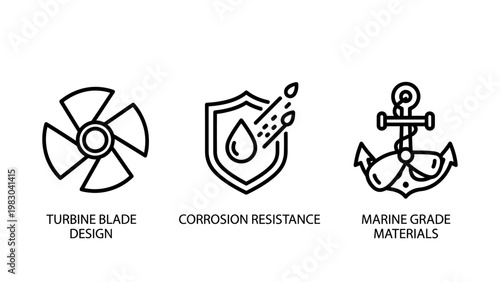 Industrial engineering icons set featuring turbine blade design corrosion resistance and marine grade materials corrosion resistance material industrial engineering component technology