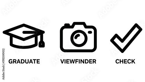 Education and photography concept icons set including graduate cap camera viewfinder and check mark with graduate viewfinder education photography learning academic graduation university