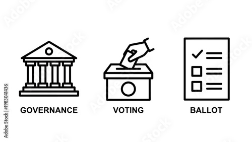 Government and civic engagement icons set featuring governance structure voting process and election ballot governance election government democracy building political participation register