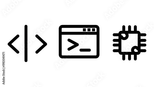 Software development and computer technology line art icons featuring programming code tags terminal command prompt electronic microchip programming technology software computer terminal