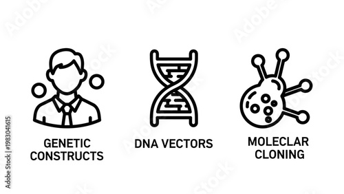 Genetic constructs DNA vectors and molecular cloning science line icons set with genetics molecule research biotechnology engineering chromosome laboratory microbiology scientific experiment