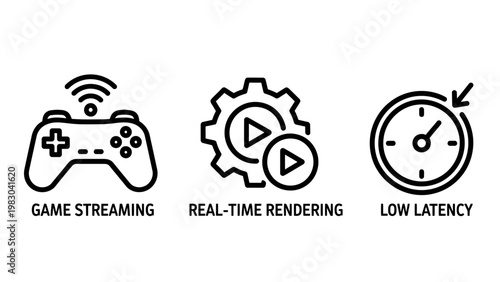 Gaming technology low latency and rendering icons with real time technology streaming rendering performance graphics software connection computer processor hardware entertainment download