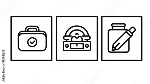 Business briefcase level measurement and pen editing line icon set with briefcase measurement business corporate professional equipment management stationery planning accuracy development