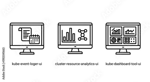 Business data analytics computer screen icons with computer analysis dashboard business management financial statistics planning strategy information interface technology software
