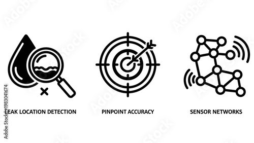 Smart infrastructure leak detection and sensor network icons with detection magnifying accuracy technology infrastructure industry maintenance engineering analysis monitoring management