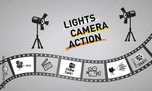 Light camera action film strip background with retro photo and cinema frames. Movie reel or video strip roll design. Stock-Vector illustration for media, film, and photography projects.