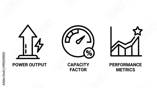 Energy performance metrics power output and capacity factor icon set with performance capacity efficiency electricity business analysis industrial management production percentage statistics
