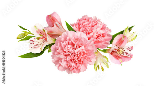 Pink carnations and alstroemeria flowers in a floral arrangementisolated on white or transparent background
