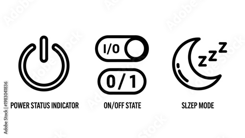 Power status indicator on off state and sleep mode icon set with indicator electronics technology interface activation connection settings hardware computer management function minimalist