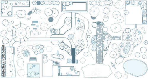 Landscape design plan with garden symbols, architectural site map for backyard planning, outdoor park layout with trees and paths EPS