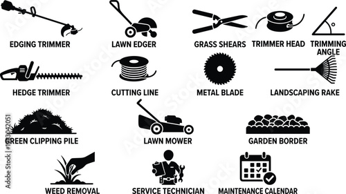 Flat design vector illustration of gardening and lawn care tools set with maintenance calendar