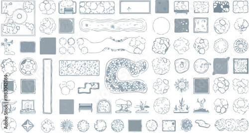 Landscape design symbols for site planning, architectural garden elements in top view, collection of outdoor vegetation and hardscape vector icons