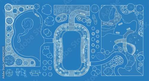 Blueprint landscape design plan, architectural garden layout on blue background, technical site map with trees and pathways, EPS vector illustration