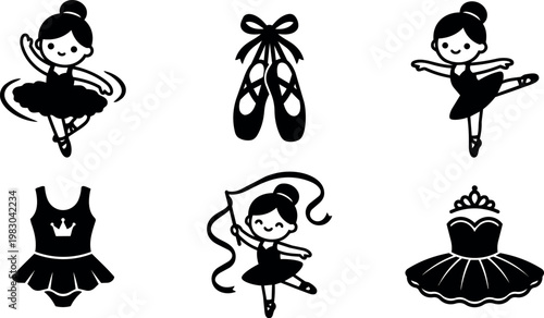Black and white ballet ballerina tutu costume slippers and ribbon illustration