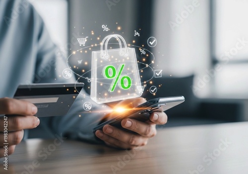 Person using smartphone and credit card for online shopping with digital discount graphics.