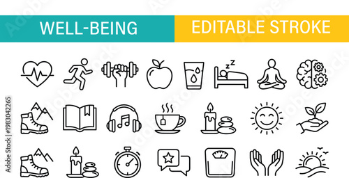 Well-being and lifestyle icons set, flat design vector illustration with editable stroke