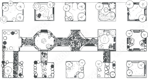 Architectural landscape plan symbols, black and white garden design elements, 15 top view site map icons for urban planning and backyard layout