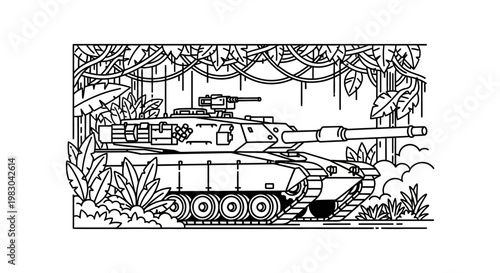 Military Tank in Jungle Environment, Combat Vehicle, Army, War, Nature