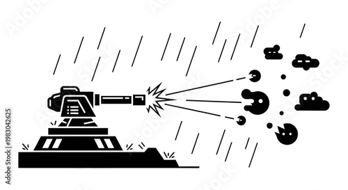 Military turret firing projectiles in heavy rain, abstract illustration