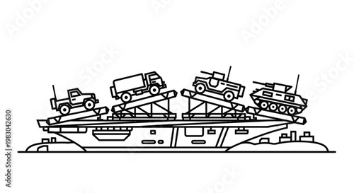 Military Vehicles Transported on Aircraft Carrier Deck, Line Art Illustration