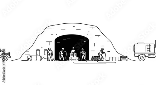 Mining operation with workers and equipment at cave entrance, truck, and water tanker