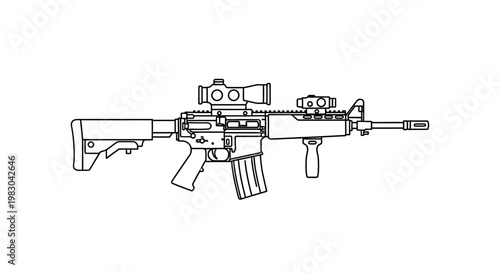 Modern Assault Rifle with Scope and Accessories - Line Art Illustration