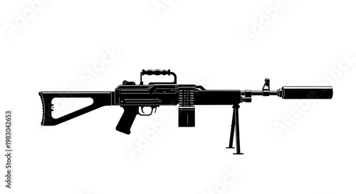 Modern Assault Rifle with Silencer and Bipod, Black Silhouette on White Background