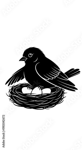 Black bird nesting with eggs in a simple woodcut style.