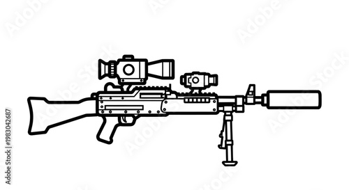 Modern Machine Gun with Scope and Silencer - Military Weapon Illustration