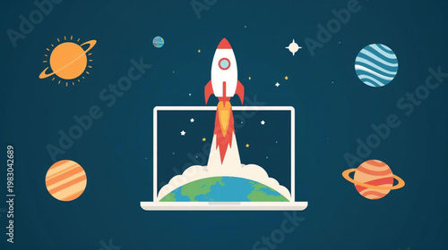 A  flat illustration of a white rocket launching upward from an open laptop, leaving a fiery trail.  Surrounding the scene are floating planets, stars, and cosmic elements 