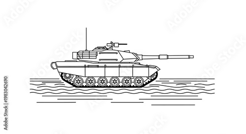 Modern Military Tank Crossing Water, Line Art Illustration