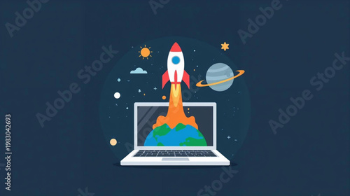 A  flat illustration of a white rocket launching upward from an open laptop, leaving a fiery trail.  Surrounding the scene are floating planets, stars, and cosmic elements 