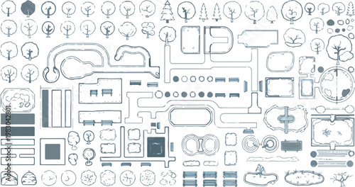 Architectural site plan symbols, landscape design elements for master planning, top view garden and park layout icons, EPS vector set