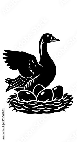 Black silhouette of a goose protecting its nest and eggs.